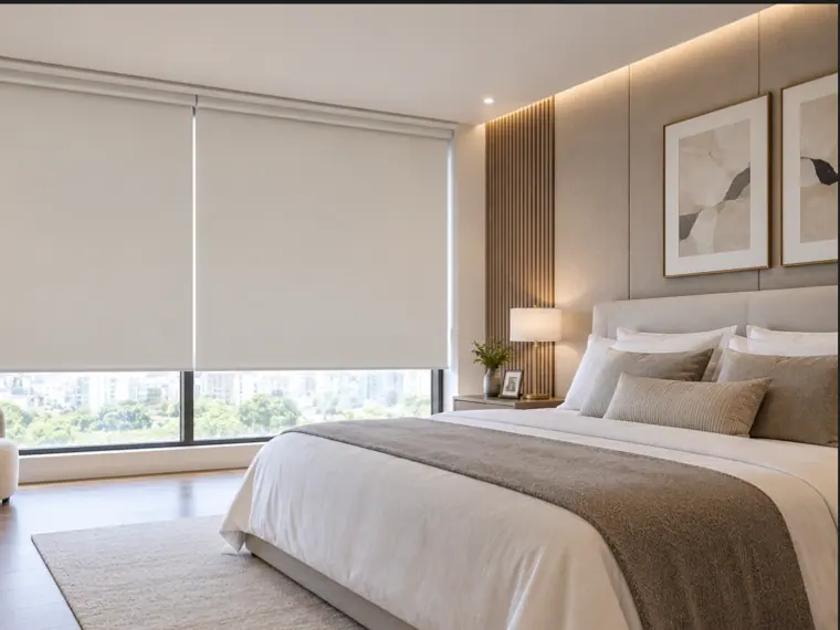 Dormitorio en penumbra con la luz del sol filtrándose por el borde de la ventana