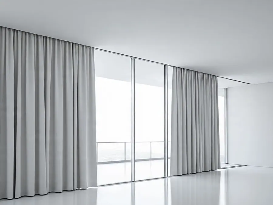 Ambiente amplio con cortinas blancas de piso a techo